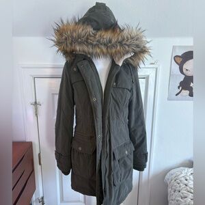 Halogen Olive Parka Jacket with Fur Trim